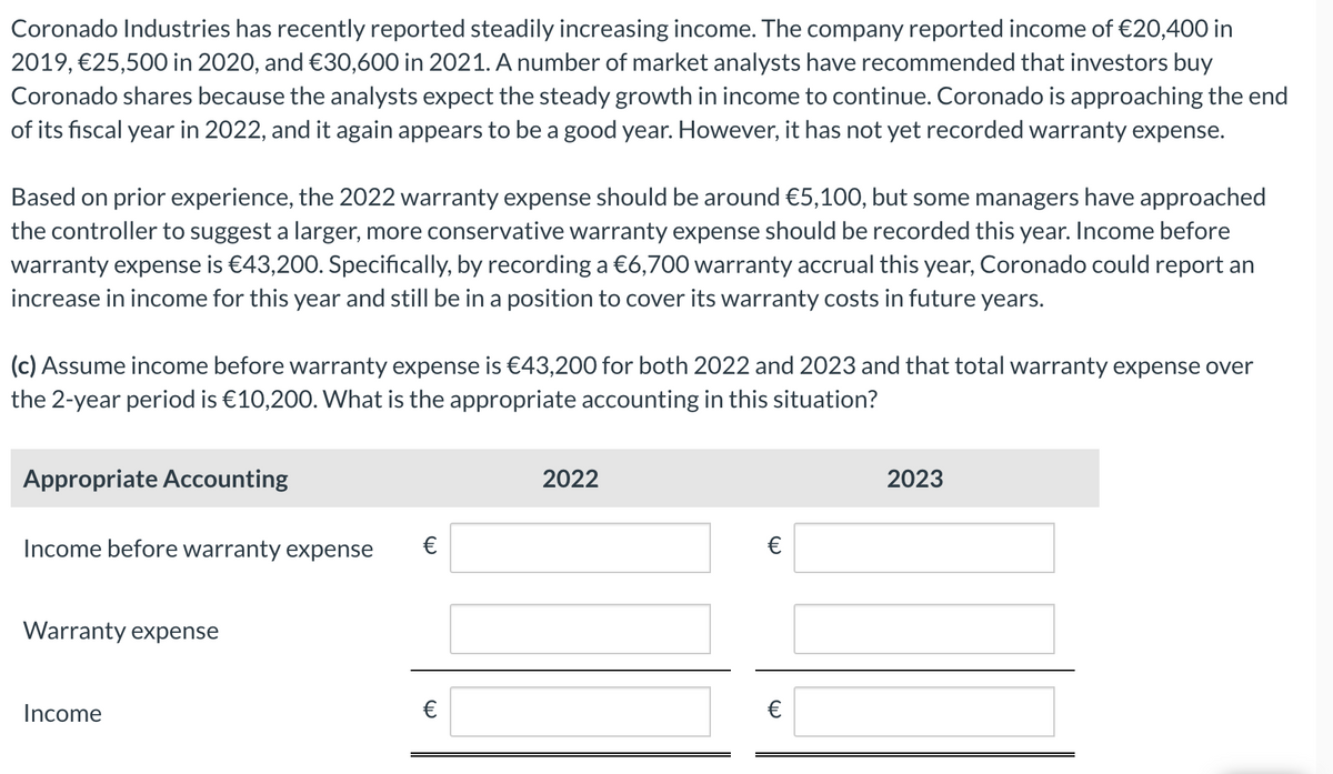 Coronado Industries has recently reported steadily increasing income. The company reported income of €20,400 in
2019, €25,500 in 2020, and €30,600 in 2021. A number of market analysts have recommended that investors buy
Coronado shares because the analysts expect the steady growth in income to continue. Coronado is approaching the end
of its fiscal year in 2022, and it again appears to be a good year. However, it has not yet recorded warranty expense.
Based on prior experience, the 2022 warranty expense should be around €5,100, but some managers have approached
the controller to suggest a larger, more conservative warranty expense should be recorded this year. Income before
warranty expense is €43,200. Specifically, by recording a €6,700 warranty accrual this year, Coronado could report an
increase in income for this year and still be in a position to cover its warranty costs in future years.
(c) Assume income before warranty expense is €43,200 for both 2022 and 2023 and that total warranty expense over
the 2-year period is €10,200. What is the appropriate accounting in this situation?
Appropriate Accounting
Income before warranty expense
Warranty expense
Income
€
€
2022
€
€
2023