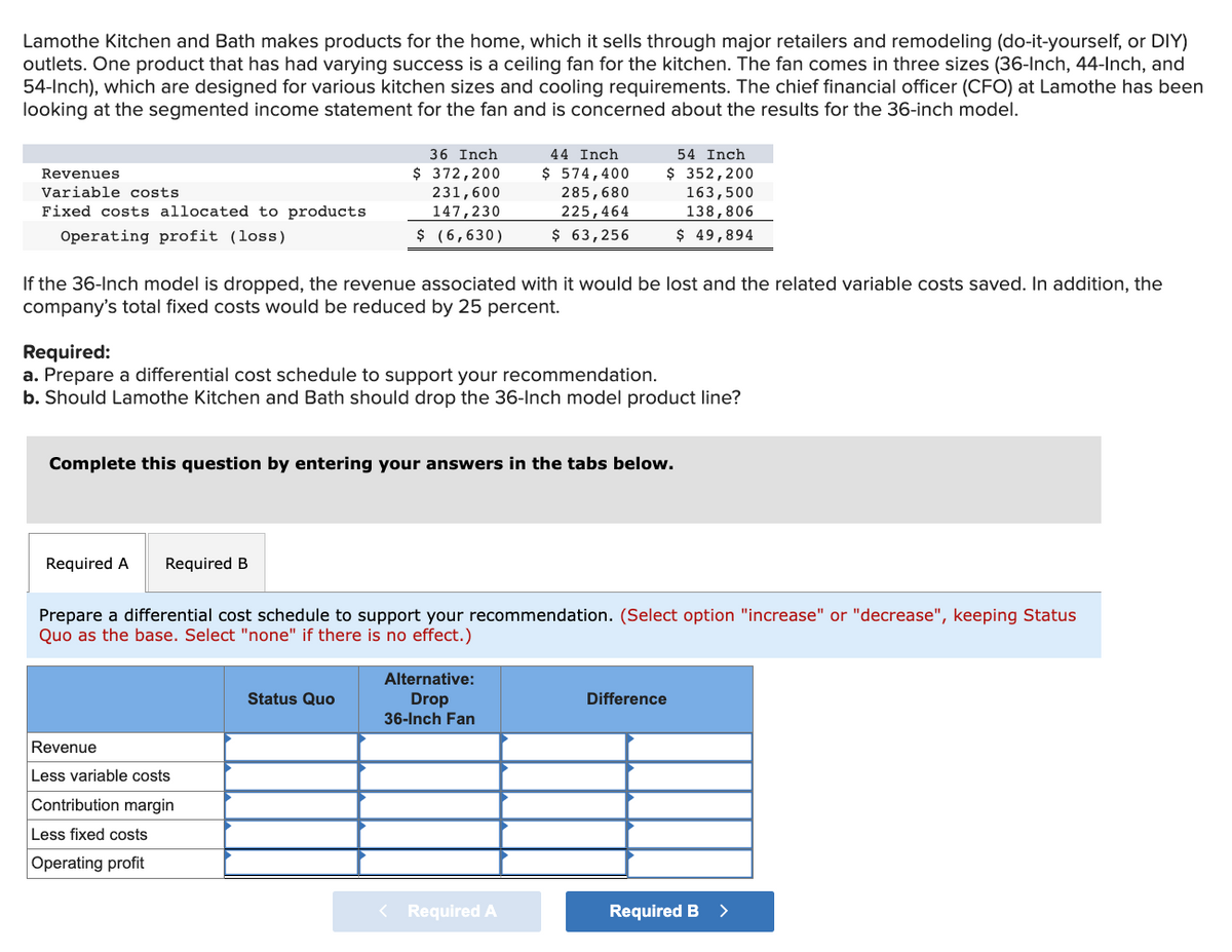 Lamothe Kitchen and Bath makes products for the home, which it sells through major retailers and remodeling (do-it-yourself, or DIY)
outlets. One product that has had varying success is a ceiling fan for the kitchen. The fan comes in three sizes (36-Inch, 44-Inch, and
54-Inch), which are designed for various kitchen sizes and cooling requirements. The chief financial officer (CFO) at Lamothe has been
looking at the segmented income statement for the fan and is concerned about the results for the 36-inch model.
Revenues
Variable costs
Fixed costs allocated to products
Operating profit (loss)
36 Inch
$ 372,200
231,600
147,230
$ (6,630)
If the 36-Inch model is dropped, the revenue associated with it would be lost and the related variable costs saved. In addition, the
company's total fixed costs would be reduced by 25 percent.
Required A Required B
Required:
a. Prepare a differential cost schedule to support your recommendation.
b. Should Lamothe Kitchen and Bath should drop the 36-Inch model product line?
Complete this question by entering your answers in the tabs below.
Revenue
Less variable costs
Contribution margin
Less fixed costs
Operating profit
44 Inch
$ 574,400
285,680
225,464
$ 63,256
Status Quo
54 Inch
$ 352,200
163,500
138,806
$ 49,894
Prepare a differential cost schedule to support your recommendation. (Select option "increase" or "decrease", keeping Status
Quo as the base. Select "none" if there is no effect.)
Alternative:
Drop
36-Inch Fan
< Required A
Difference
Required B
>