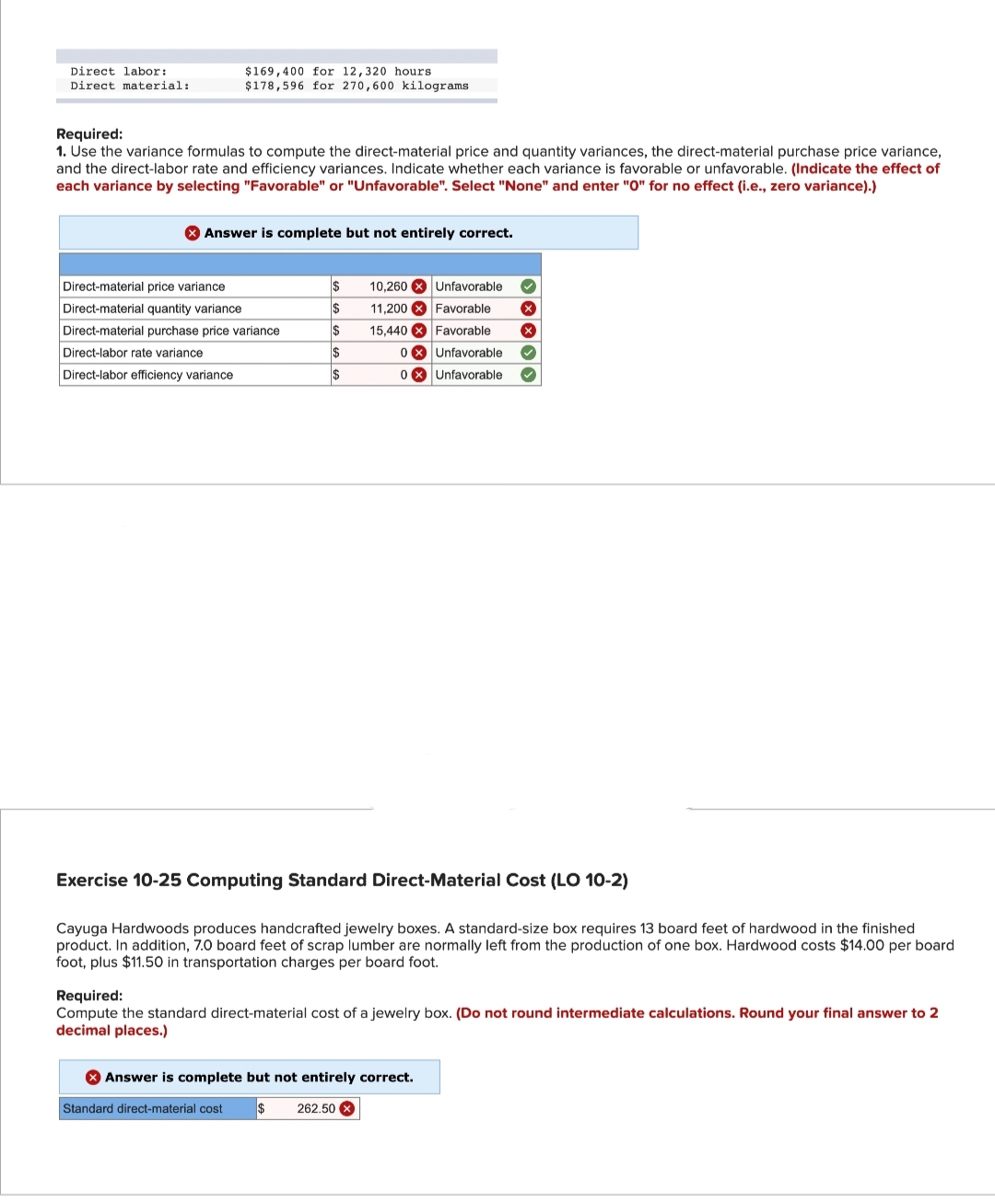 Direct labor:
Direct material:
$169,400 for 12,320 hours
$178,596 for 270,600 kilograms
Required:
1. Use the variance formulas to compute the direct-material price and quantity variances, the direct-material purchase price variance,
and the direct-labor rate and efficiency variances. Indicate whether each variance is favorable or unfavorable. (Indicate the effect of
each variance by selecting "Favorable" or "Unfavorable". Select "None" and enter "0" for no effect (i.e., zero variance).)
Answer is complete but not entirely correct.
Direct-material price variance
Direct-material quantity variance
Direct-material purchase price variance
Direct-labor rate variance
Direct-labor efficiency variance
$
$
$
$
$
10,260
11,200
15,440 Favorable X
Unfavorable ✔
Favorable X
0X Unfavorable ✓
0
Unfavorable ✓
Exercise 10-25 Computing Standard Direct-Material Cost (LO 10-2)
Cayuga Hardwoods produces handcrafted jewelry boxes. A standard-size box requires 13 board feet of hardwood in the finished
product. In addition, 7.0 board feet of scrap lumber are normally left from the production of one box. Hardwood costs $14.00 per board
foot, plus $11.50 in transportation charges per board foot.
Required:
Compute the standard direct-material cost of a jewelry box. (Do not round intermediate calculations. Round your final answer to 2
decimal places.)
Answer is complete but not entirely correct.
Standard direct-material cost $ 262.50X