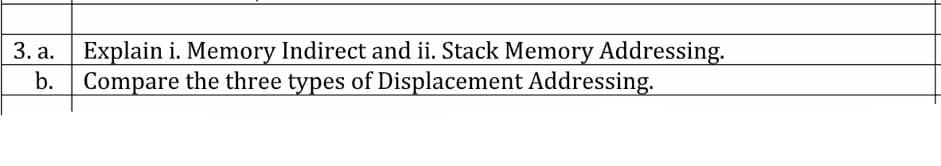 Explain i. Memory Indirect and ii. Stack Memory Addressing.
Compare the three types of Displacement Addressing.
3. a.
b.
