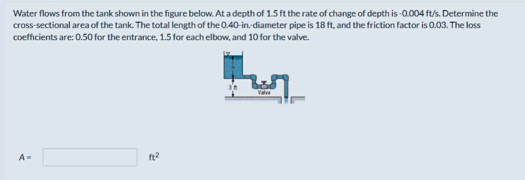 Water flows from the tank shown in the figure below. At a depth of 1.5 ft the rate of change of depth is -0.004 ft/s. Determine the
cross-sectional area of the tank. The total length of the 0.40-in.-diameter pipe is 18 ft, and the friction factor is 0.03. The loss
coefficients are: 0.50 for the entrance, 1.5 for each elbow, and 10 for the valve.
A =
ft²
3 ft
BAMIN
Valve