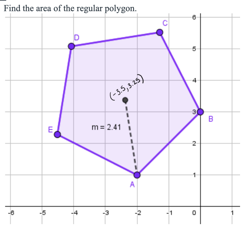 Find the area of the regular polygon.
C
5
4
(-3,5,3.25)
B
E
m = 2.41 1
2
1-
A
-6
-5
-4
-3
-2
-1
LO
