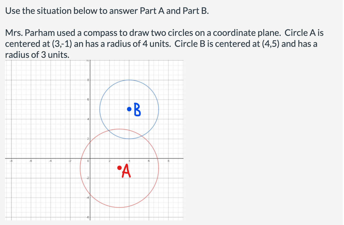 Use the situation below to answer Part A and Part B.
Mrs. Parham used a compass to draw two circles on a coordinate plane. Circle A is
centered at (3,-1) an has a radius of 4 units. Circle B is centered at (4,5) and has a
radius of 3 units.
•B
-6
8
°A
