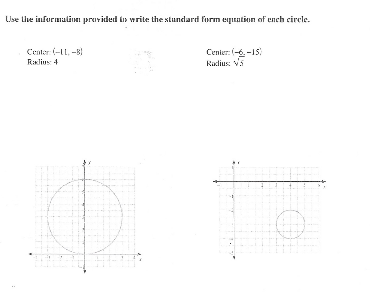 Use the information provided to write the standard form equation of each circle.
Center: (-6, -15)
Radius: V5
Center: (-11, -8)
Radius: 4
