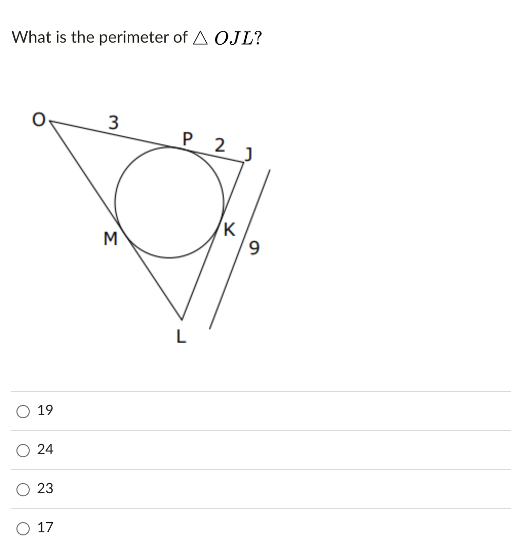 What is the perimeter of A OJL?
3
P 2
K
9.
M
L
О 19
O 24
23
17
Σ
