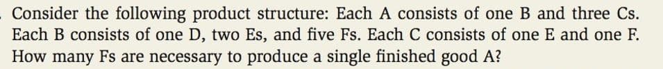 Consider the following product structure: Each A consists of one B and three Cs.
Each B consists of one D, two Es, and five Fs. Each C consists of one E and one F.
How many Fs are necessary to produce a single finished good A?

