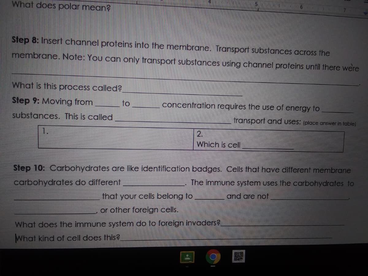 What does polar mean?
Step 8: Insert channel proteins into the membrane. Transport substances across the
membrane. Note: You can only transport substances using channel proteins until there were
What is this process called?
Step 9: Moving from
to
concentration requires the use of energy to
substances. This is called
transport and uses: (place answer in table)
1.
2.
Which is cel|
Step 10: Carbohydrates are like identification badges. Cells that have different membrane
carbohydrates do different
The immune system uses the carbohydrates to
that your cells belong to
and are not
or other foreign cells.
What does the immune system do to foreign invaderse
What kind of cell does this?
