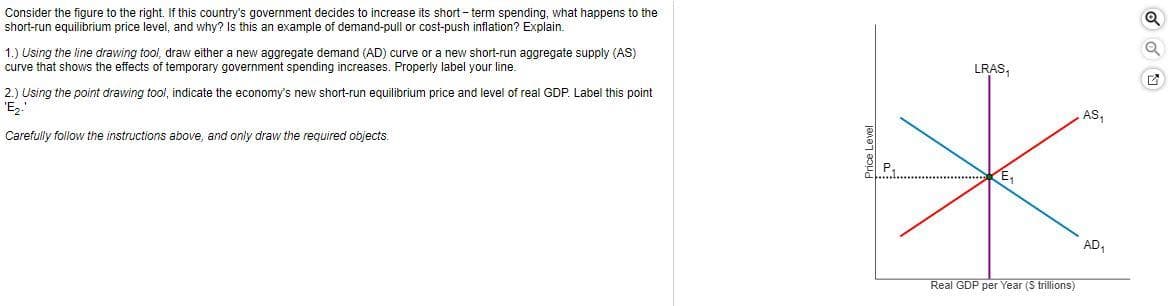 Consider the figure to the right. If this country's government decides to increase its short-term spending, what happens to the
short-run equilibrium price level, and why? Is this an example of demand-pull or cost-push inflation? Explain.
1.) Using the line drawing tool, draw either a new aggregate demand (AD) curve or a new short-run aggregate supply (AS)
curve that shows the effects of temporary government spending increases. Properly label your line.
2.) Using the point drawing tool, indicate the economy's new short-run equilibrium price and level of real GDP. Label this point
'E₂.'
Carefully follow the instructions above, and only draw the required objects.
Price Level
LRAS₁
Real GDP per Year (S trillions)
AS₁
AD₁