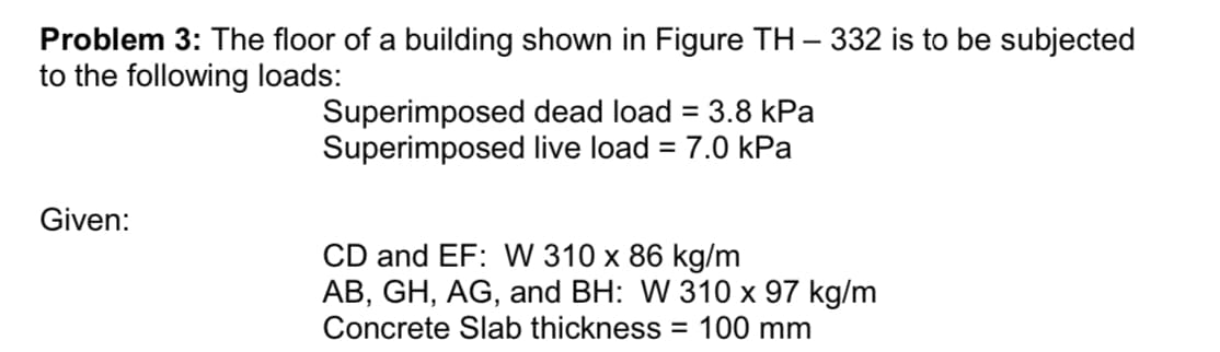 Problem 3: The floor of a building shown in Figure TH-332 is to be subjected
to the following loads:
Given:
Superimposed dead load = 3.8 kPa
Superimposed live load = 7.0 kPa
CD and EF: W 310 x 86 kg/m
AB, GH, AG, and BH: W 310 x 97 kg/m
Concrete Slab thickness = 100 mm