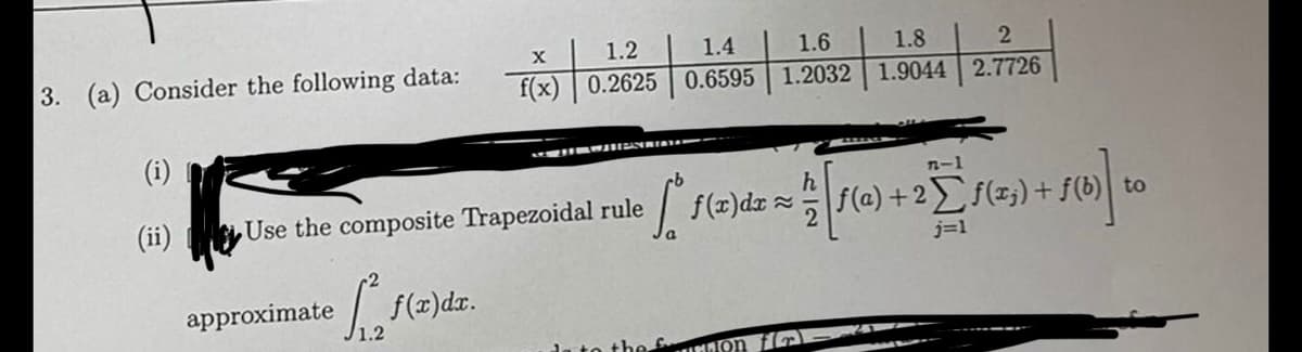 1.2
1.4
1.6
1.8
3. (a) Consider the following data:
f(x) 0.2625
1.2032 1.9044 2.7726
0.6595
(i)
n-1
h
f(a) +2f(z;) + f(b)
to
(ii) Use the composite Trapezoidal rule / f(x)dr =
j=1
approximate
1.2
f(z)dz.
the fMon fla
