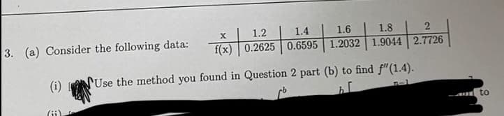 1.2
1.4
1.6
1.8
3. (a) Consider the following data:
f(x) 0.2625 0.6595 1.2032 1.9044 2.7726
(i)
Use the method you found in Question 2 part (b) to find f"(1.4).
to
(ii)
