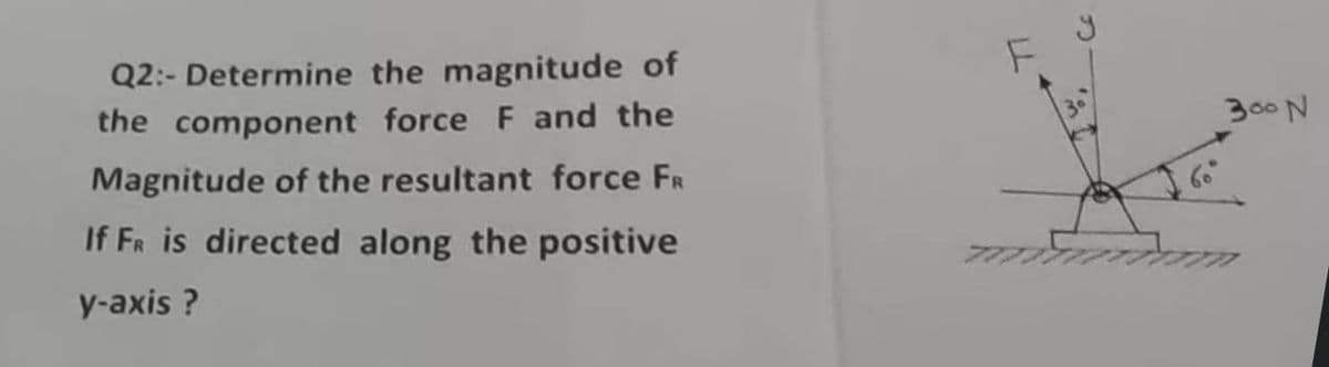 Q2:- Determine the magnitude of
the component force F and the
F
Magnitude of the resultant force FR
30
300 N
If FR is directed along the positive
y-axis ?
