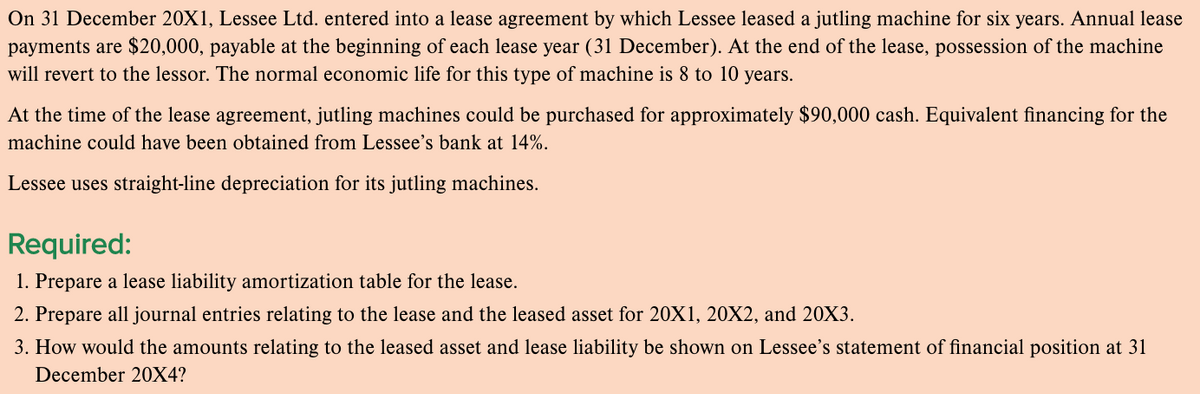 On 31 December 20X1, Lessee Ltd. entered into a lease agreement by which Lessee leased a jutling machine for six years. Annual lease
payments are $20,000, payable at the beginning of each lease year (31 December). At the end of the lease, possession of the machine
will revert to the lessor. The normal economic life for this type of machine is 8 to 10 years.
At the time of the lease agreement, jutling machines could be purchased for approximately $90,000 cash. Equivalent financing for the
machine could have been obtained from Lessee's bank at 14%.
Lessee uses straight-line depreciation for its jutling machines.
Required:
1. Prepare a lease liability amortization table for the lease.
2. Prepare all journal entries relating to the lease and the leased asset for 20X1, 20X2, and 20X3.
3. How would the amounts relating to the leased asset and lease liability be shown on Lessee's statement of financial position at 31
December 20X4?
