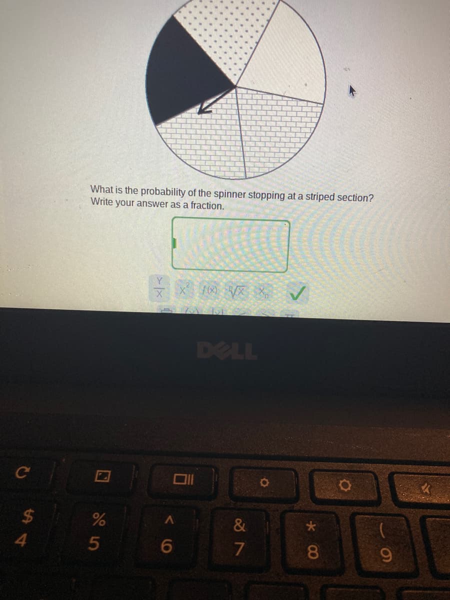 What is the probability of the spinner stopping at a striped section?
Write your answer as a fraction.
Y
DELL
2$
&
4
6.
7
8
63
