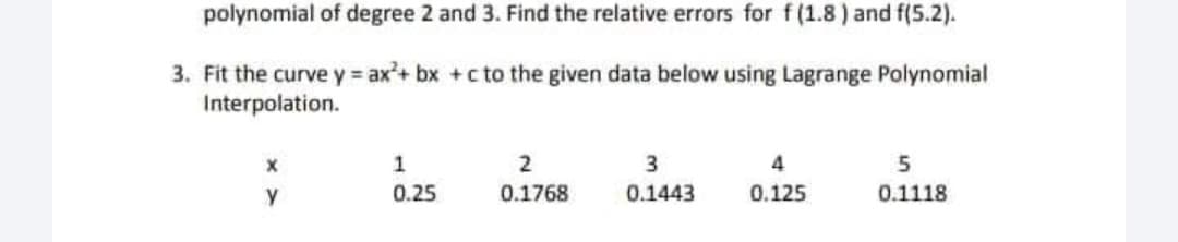 polynomial of degree 2 and 3. Find the relative errors for f (1.8) and f(5.2).
3. Fit the curvey = ax²+bx+c to the given data below using Lagrange Polynomial
Interpolation.
X
1
2
3
4
5
0.25
y
0.1768
0.1443
0.125
0.1118