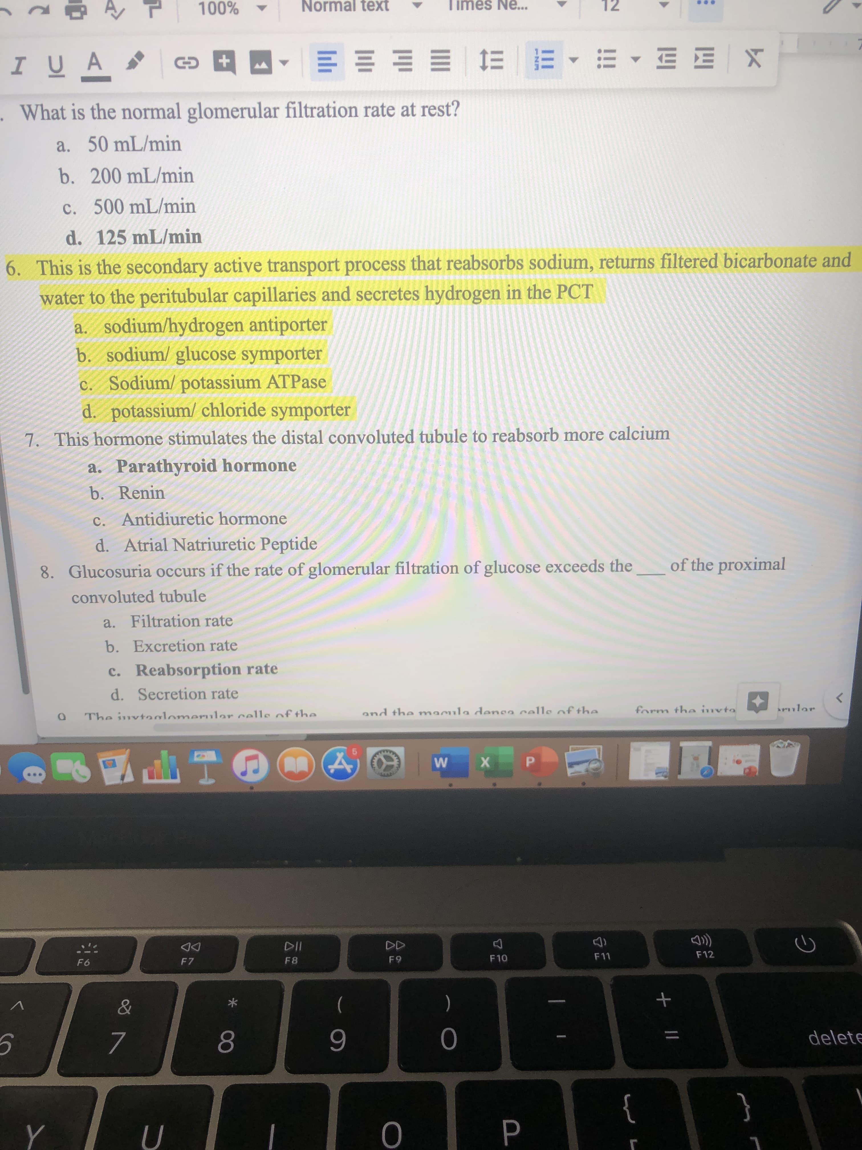 is the secondary active transport process that reabsorbs sodium, returns filtered bicarbonate and
r to the peritubular capillaries and secretes hydrogen in the PCT
1. sodium/hydrogen antiporter
b. sodium/ glucose symporter
c. Sodium/ potassium ATPase
d. potassium/ chloride symporter
