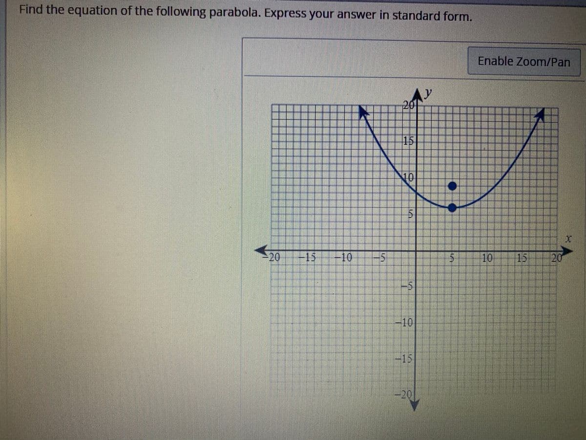 Find the equation of the following parabola. Express your answer in standard form.
H
-20
-15 -10
INNE
-5
******
A.
V
10
5
15
-10
-15
y
20||
5
Enable Zoom/Pan
10
*****
H
F
15 20
X