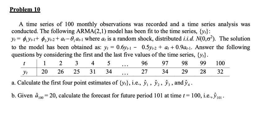 Problem 10
A time series of 100 monthly observations was recorded and a time series analysis was
conducted. The following ARMA(2,1) model has been fit to the time series, {y}:
y₁ = ₁₁-1+ ₂Y₁-2+ a₁-0₁a₁-1 where a, is a random shock, distributed i.i.d. N(0,02). The solution
to the model has been obtained as: y = 0.6y-1 - 0.5yt-2 +at+0.9a-1. Answer the following
questions by considering the first and the last five values of the time series, {y₁}.
t
1 2 3 4 5
96
97 98 99
100
Yt
20 26 25 31 34
27
34 29 28 32
a. Calculate the first four point estimates of {y}, i.e., ₁, 92, 93, and ŷ4.
b. Given â 100=20, calculate the forecast for future period 101 at time t = 100, i.e., ŷ101.