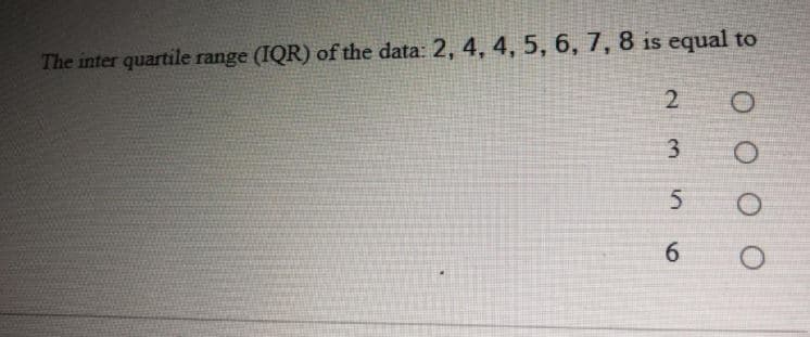 The inter quartile range (IQR) of the data: 2, 4, 4, 5, 6, 7, 8 is equal to
DOO O
3.
6
