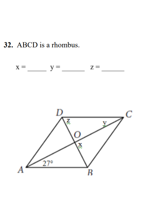 32. ABCD is a rhombus.
X =
y =
D_
27°
B
N
