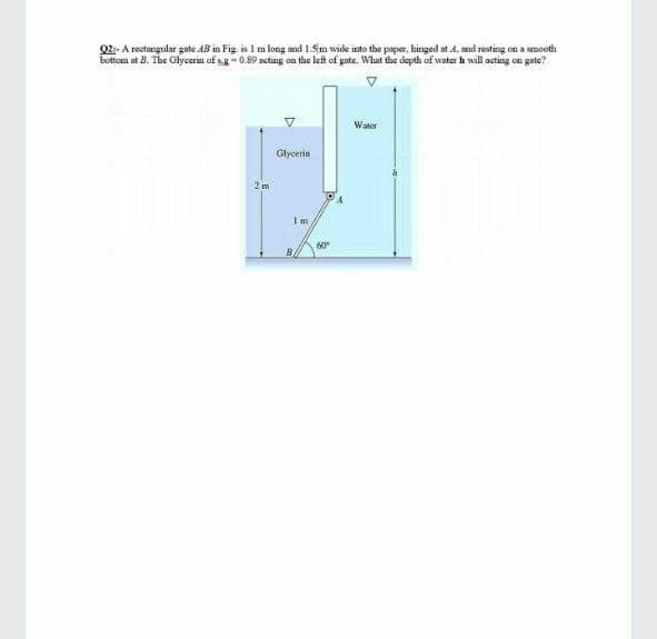 Q2:-A rectangular gate AB in Fig is I m long and 1.5m wide into the paper, hinged at A. and resting on a smooth
bottom at B. The Glycerin of sg- 0.89 acting on the left of gate, What the depth of water h will acting on gate?
Water
Glyceria
2 m
Im
60
