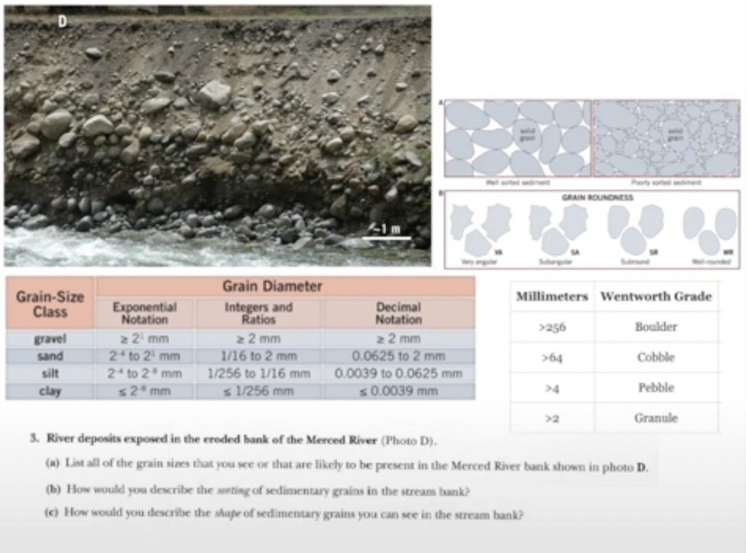 Grain-Size
Class
gravel
sand
silt
clay
Exponential
Notation
22¹ mm
24 to 2¹ mm
2 to 2 mm
s 2* mm
Grain Diameter
Integers and
Ratios
22 mm
1/16 to 2 mm
1/256 to 1/16 mm
s 1/256 mm
Decimal
Notation
> 2 mm
0.0625 to 2 mm
0.0039 to 0.0625 mm
$ 0.0039 mm
GRAIN ROUNDNESS
Millimeters Wentworth Grade
>256
>64
Boulder
Cobble
Pebble
Granule
3. River deposits exposed in the eroded bank of the Merced River (Photo D).
(a) List all of the grain sizes that you see or that are likely to be present in the Merced River bank shown in photo D.
(b) How would you describe the sorting of sedimentary grains in the stream bank?
(c) How would you describe the shape of sedimentary grains you can see in the stream bank?