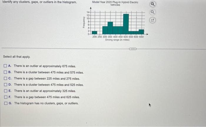 Identify any clusters, gaps, or outliers in the histogram.
Select all that apply.
OOOO
Frequency
A. There is an outlier at approximately 675 miles.
B. There is a cluster between 475 miles and 575 miles.
C. There is a gap between 225 miles and 275 miles.
D.
E.
There is a cluster between 475 miles and 525 miles.
There is an outlier at approximately 325 miles.
F. There is a gap between 475 miles and 625 miles.
G. The histogram has no clusters, gaps, or outliers.
14-
12-
10-
8-
6-
4-
2-
Model Year 2020 Plug-In Hybrid Electric
Vehicles
200 250 300 350 400 450 500 550 600 650
Driving range(in miles)
CI