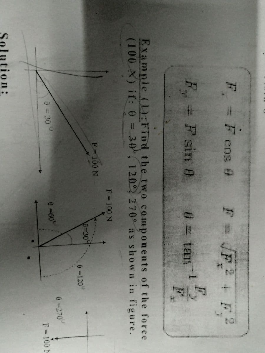 tol
F = Fe
F= F + F
COs #
F F sin a.
# tan
Example (L):Find the two components of the force
(100 X) if: 0 = 30, 120 270° as shown in figure.
F = 100 N
F = 100 N
6%330
6 =120°
0 =270°
0 = 300
0 60
F = 100 N
ution:
