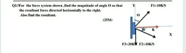 QI/For the force system shown ,find the magnitude of angle O so that
the resultant force directed horizontally to the right.
F1=10KN
Also find the resultant.
(25M)
20
R
F3=20K* F2=10KN
