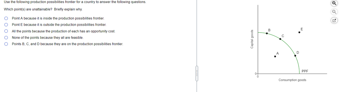 Use the following production possibilities frontier for a country to answer the following questions.
Which point(s) are unattainable? Briefly explain why.
Point A because it is inside the production possibilities frontier.
Point E because it is outside the production possibilities frontier.
E
All the points because the production of each has an opportunity cost.
C
None of the points because they all are feasible.
Points B, C, and D because they are on the production possibilities frontier.
A
D
PPE
Consumption goods
-...
Capital goods
