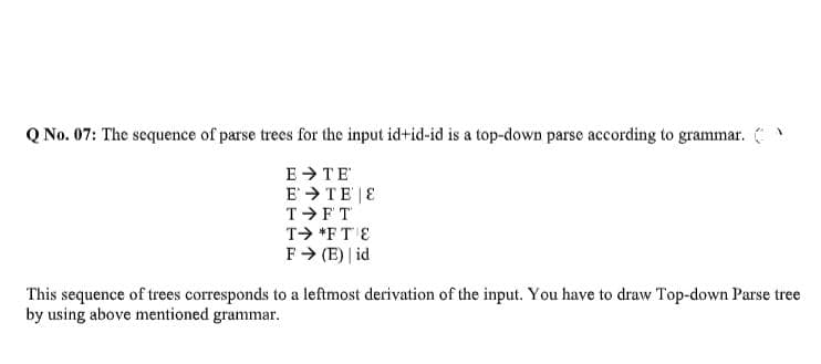 Q No. 07: The sequence of parse trees for the input id+id-id is a top-down parse according to grammar. (
E > TE
E >TE E
T FT
T> *FTE
F> (E) | id
This sequence of trees corresponds to a leftmost derivation of the input. You have to draw Top-down Parse tree
by using above mentioned grammar.
