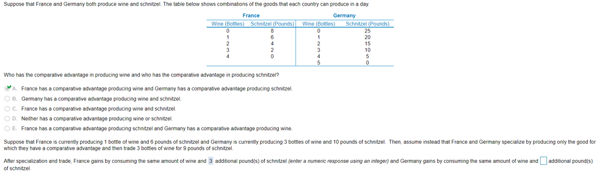 Suppose that France and Germany both produce wine and schnitzel. The table below shows combinations of the goods that each country can produce in a day.
France
Germany
Wine (Bottles)
Schnitzel (Pounds)
Wine (Bottles)
Schnitzel (Pounds)
8
25
1
6
1
20
2
4
2
15
3
2
3
10
4
4
5
Who has the comparative advantage in producing wine and who has the comparative advantage in producing schnitzel?
A. France has a comparative advantage producing wine and Germany has a comparative advantage producing schnitzel.
O B. Germany has a comparative advantage producing wine and schnitzel.
O C. France has a comparative advantage producing wine and schnitzel.
O D. Neither has a comparative advantage producing wine or schnitzel.
O E. France has a comparative advantage producing schnitzel and Germany has a comparative advantage producing wine.
Suppose that France is currently producing 1 bottle of wine and 6 pounds of schnitzel and Germany is currently producing 3 bottles of wine and 10 pounds of schnitzel. Then, assume instead that France and Germany specialize by producing only the good for
which they have a comparative advantage and then trade 3 bottles of wine for 9 pounds of schnitzel.
After specialization and trade, France gains by consuming the same amount of wine and 3 additional pound(s) of schnitzel (enter a numeric response using an integer) and Germany gains by consuming the same amount of wine and
additional pound(s)
of schnitzel.
