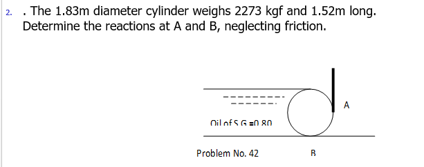 2. . The 1.83m diameter cylinder weighs 2273 kgf and 1.52m long.
Determine the reactions at A and B, neglecting friction.
A
Oil of S G =0 80
Problem No. 42
