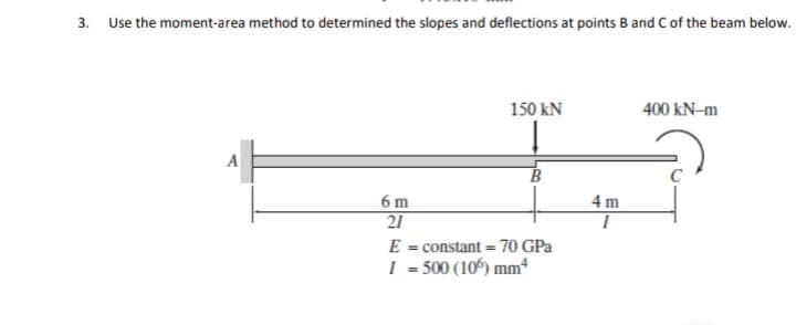 3. Use the moment-area method to determined the slopes and deflections at points B and C of the beam below.
150 kN
400 kN–m
A
4 m
6 m
21
E = constant = 70 GPa
I = 500 (10) mm*
