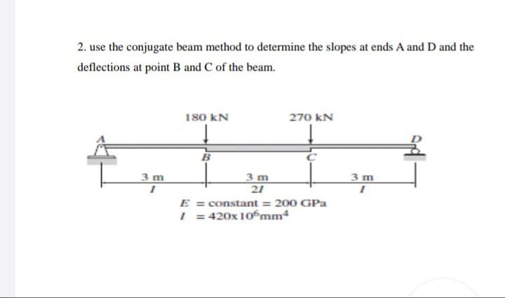 2. use the conjugate beam method to determine the slopes at ends A and D and the
deflections at point B and C of the beam.
180 kN
270 kN
B
3 m
21
E = constant = 200 GPa
I = 420x 10 mm
3 m
3 m
