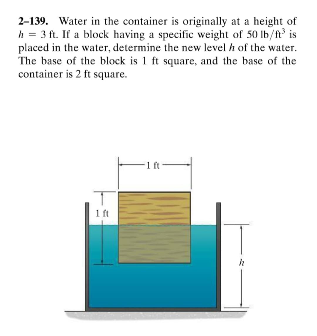 2-139. Water in the container is originally at a height of
h = 3 ft. If a block having a specific weight of 50 lb/ft³ is
placed in the water, determine the new level h of the water.
The base of the block is 1 ft square, and the base of the
container is 2 ft square.
1 ft
1 ft