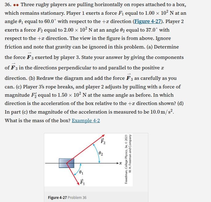 36... Three rugby players are pulling horizontally on ropes attached to a box,
which remains stationary. Player 1 exerts a force F₁ equal to 1.00 × 10² N at an
angle ₁ equal to 60.0° with respect to the + direction (Figure 4-27). Player 2
exerts a force F2 equal to 2.00 × 10² N at an angle 02 equal to 37.0° with
respect to the + direction. The view in the figure is from above. Ignore
friction and note that gravity can be ignored in this problem. (a) Determine
the force F3 exerted by player 3. State your answer by giving the components
of F3 in the directions perpendicular to and parallel to the positive a
direction. (b) Redraw the diagram and add the force F3 as carefully as you
can. (c) Player 3's rope breaks, and player 2 adjusts by pulling with a force of
magnitude F₂ equal to 1.50 × 10² N at the same angle as before. In which
direction is the acceleration of the box relative to the + direction shown? (d)
In part (c) the magnitude of the acceleration is measured to be 10.0 m/s².
What is the mass of the box? Example 4-2
0₂
0₁
F₁
Figure 4-27 Problem 36
№°º°
Freedman, College Physics, 3e, © 2021
W. H. Freeman and Company