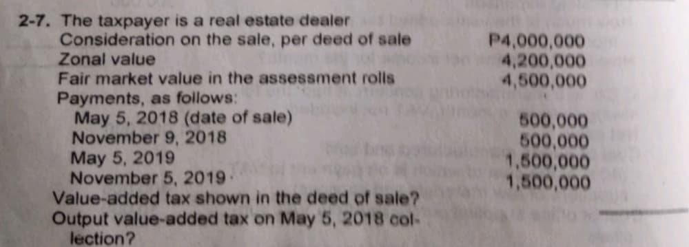 2-7. The taxpayer is a real estate dealer
Consideration on the sale, per deed of sale
Zonal value
Fair market value in the assessment rolls
P4,000,000
4,200,000
4,500,000
Payments, as follows:
May 5, 2018 (date of sale)
November 9, 2018
May 5, 2019
November 5, 2019·
Value-added tax shown in the deed of sale?
Output value-added tax on May 5, 2018 col-
lection?
500,000
500,000
1,500,000
1,500,000
