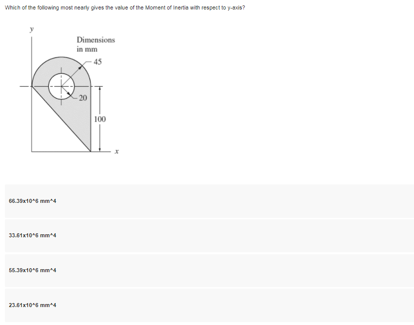 Which of the following most nearly gives the value of the Moment of Inertia with respect to y-axis?
Dimensions
in mm
45
20
100
66.39x10^6 mm^4
33.61x10^6 mm^4
55.39x10^6 mm^4
23.61x10^6 mm^4
20
