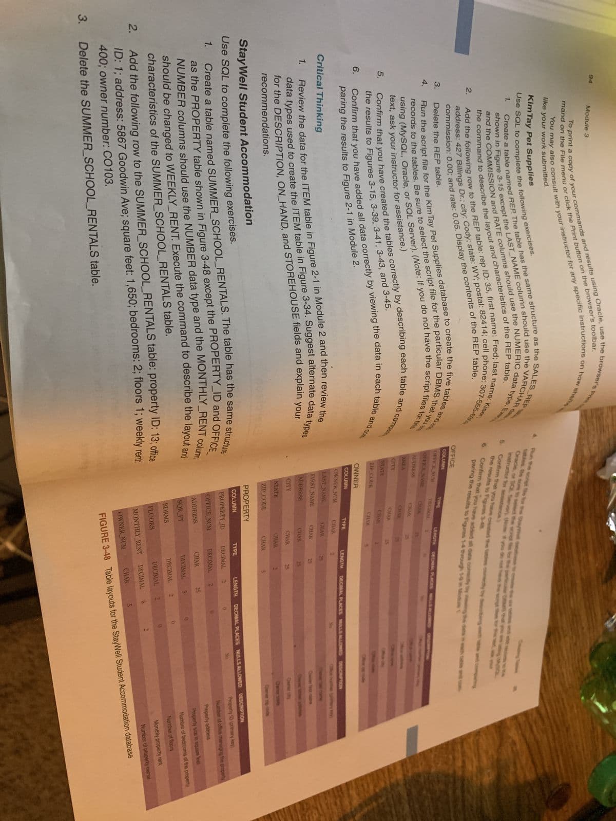 2.
1.
5.
6.
To print a copy of your commands and results using Oracle, use the browser's Pri
You may also consult with your instructor for any specific instructions on how she/he
mand on the File menu or click the Print button on the browser's toolbar.
like your work submitted.
and the COMMISSION and RATE columns should use the NUMERIC data type. Exe
Create a table named REP. The table has the same structure as the SALES REP
shown in Figure 3-15 except the LAST_NAME column should use the VARCHAR
the command to describe the layout and characteristics of the REP table.
Add the following row to the REP table: rep ID: 35, first name: Fred; last
commission: 0.00; and rate: 0.05. Display the contents of the REP table.
Delete the REP table.
Run the script file for the Kim Tay Pet Supplies database to create the five tables and a
records to the tables. Be sure to select the script file for the particular DBMS that you are
using (MySQL, Oracle, or SQL Server). (Note: If you do not have the script files for this
text, ask your instructor for assistance.)
Confirm that you have created the tables correctly by describing each table and compar
Confirm that you have added all data correctly by viewing the data in each table and com
the results to Figures 3-15, 3-39, 3-41, 3-43, and 3-45.
paring the results to Figure 2-1 in Module 2.
3.
4.
Module 3
Kim Tay Pet Supplies
Use SQL to complete the following exercises.
1.
2.
Critical Thinking
name: Kiser
Review the data for the ITEM table in Figure 2-1 in Module 2 and then review the
data types used to create the ITEM table in Figure 3-34. Suggest alternate data types
for the DESCRIPTION, ON_HAND, and STOREHOUSE fields and explain your
5.
ducit
Run the script te for the StayWell data
tables. Be sure to select the script
Oracle, or SQL Server) (Not if you do no
instructor for assistance)
6.
Confirm that you have created the tables comectly by describing
the results to Figures 3-48.
recommendations.
Stay Well Student Accommodation
Use SQL to complete the following exercises.
1.
Create a table named SUMMER_SCHOOL_RENTALS. The table has the same structure
as the PROPERTY table shown in Figure 3-48 except the PROPERTY_ID and OFFICE
NUMBER columns should use the NUMBER data type and the MONTHLY_RENT column
should be changed to WEEKLY_RENT. Execute the command to describe the layout and
characteristics of the SUMMER SCHOOL RENTALS table.
Add the following row to the SUMMER SCHOOL RENTALS table: property ID: 13; office
ID: 1; address: 5867 Goodwin Ave; square feet: 1,650; bedrooms: 2; floors 1; weekly rent
400; owner number: CO103.
3. Delete the SUMMER SCHOOL RENTALS table.
Confirm that you have added all data corectly by viewing the data in
paring the results to Figures 1-4 through 1-9 in Module
OFFICE
COLUMN
OFFICE NUM
OFFICE NAME
ADDRESS
AREA
CITY
STATE
ZIP CODE
TYPE
CITY
DECIMAL
ADDRESS
STATE
CHAR
OWNER
COLUMN
OWNER NUM
LAST NAME
FIRST NAME
CHAR
CHAR
CHAR
ZIP_CODE
CHAR
LENGTH DECIMAL PLACES HULLS ALLOWED ONSCRIPTION
TYPE
CHAR
CHAR
23
CHAR
CHAR
PROPERTY
COLUMN
PROPERTY ID
OFFICE NUM
ADDRESS
SQR FT
BDRMS
FLOORS
CHAR
CHAR
LENGTH
CHAR
2
25
TYPE
25
25
MONTHLY RENT
OWNER NUM
DECIMAL
DECIMAL
3
CHAR
LENGTH
DECIMAL PLACES MULLS ALLOWED DESCRIPTION
Cort
DECIMAL
DECIMAL
Property 10 (primary key)
Number of office managing the property
Property address
Property size in square feet
Number of bedrooms of the property
Number of floors
Monthly property rent
Number of property owner
FIGURE 3-48 Table layouts for the StayWell Student Accommodation database
25
DECIMAL
DECIMAL
CHAR
S
Os
2
C
5
Cerver street
my ky
Cwberats
DECIMAL PLACES NULLS ALLOWED DESCRIPTION