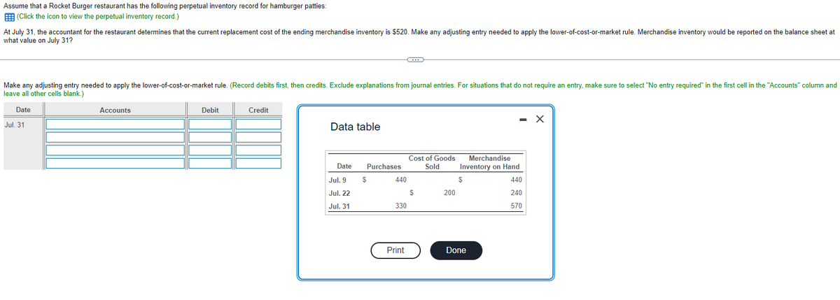 Assume that a Rocket Burger restaurant has the following perpetual inventory record for hamburger patties:
(Click the icon to view the perpetual inventory record.)
At July 31, the accountant for the restaurant determines that the current replacement cost of the ending merchandise inventory is $520. Make any adjusting entry needed to apply the lower-of-cost-or-market rule. Merchandise inventory would be reported on the balance sheet at
what value on July 31?
Make any adjusting entry needed to apply the lower-of-cost-or-market rule. (Record debits first, then credits. Exclude explanations from journal entries. For situations that do not require an entry, make sure to select "No entry required" in the first cell in the "Accounts" column and
leave all other cells blank.)
Date
Jul. 31
Accounts
Debit
Credit
Data table
Date
Jul. 9
Jul. 22
Jul. 31
Purchases
$
C
440
330
Print
Cost of Goods
Sold
$
200
Merchandise
Inventory on Hand
440
240
570
S
Done
X