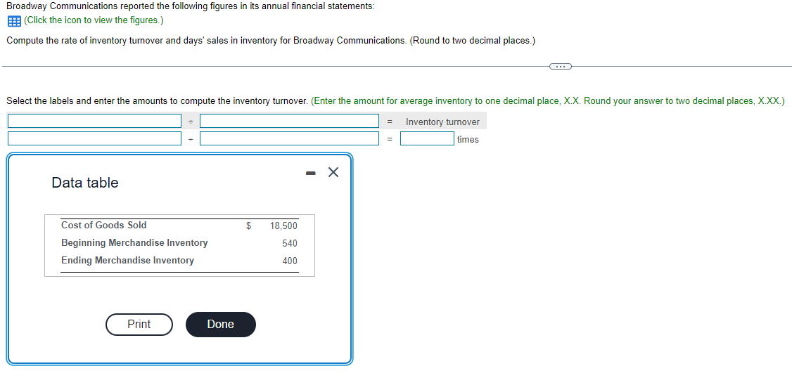 Broadway Communications reported the following figures in its annual financial statements:
(Click the icon to view the figures.)
Compute the rate of inventory turnover and days' sales in inventory for Broadway Communications. (Round to two decimal places.)
Select the labels and enter the amounts to compute the inventory turnover. (Enter the amount for average inventory to one decimal place, X.X. Round your answer to two decimal places, X.XX.)
Inventory turnover
times
Data table
Cost of Goods Sold
Beginning Merchandise Inventory
Ending Merchandise Inventory
Print
Done
$ 18,500
540
400
X
C
=