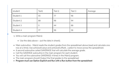 student
Student 1
Student 2
Student 3
Student 4
Testi
55
88
0
77
Test 2
77
98
44
98
Test 3
98
94
88
58
Average
1. Write a main program Main2:
• Use the data above- put the data in sheet2.
• Main subroutine - Main2 reads the student grades from the spreadsheet above (read and calculate one
row at a time). Use activecellvalue and activecelloffset(. )select to move across the spreadsheet.
• A second subroutine called GAVERAGE that will calculate the average grade.
Call the GAVERGE subroutine in the main program for each student.
• You will call the subroutine GAVERAGE 4 times in the Main2 program.
• The main program should Output the final grades to the spreadsheet
• Program must use Option Explicit and Run with a Run button from the spreadsheet