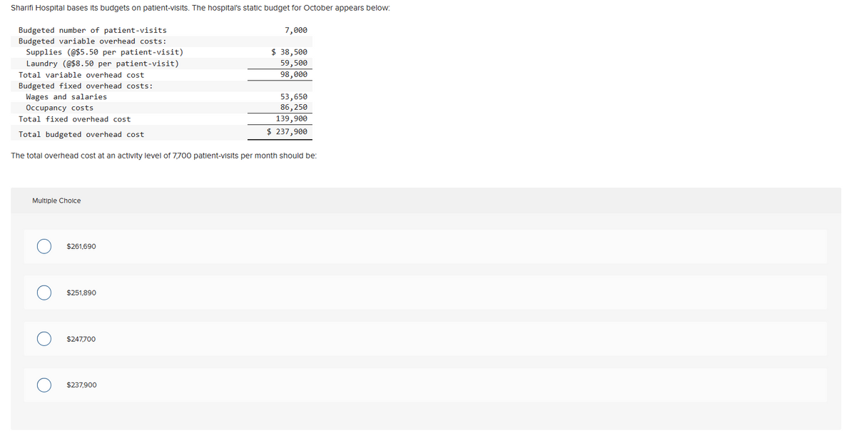 Sharifi Hospital bases its budgets on patient-visits. The hospital's static budget for October appears below:
Budgeted number of patient-visits
Budgeted variable overhead costs:
Supplies (@$5.50 per patient-visit)
Laundry (@$8.50 per patient-visit)
Total variable overhead cost
Multiple Choice
Budgeted fixed overhead costs:
Wages and salaries
Occupancy costs
Total fixed overhead cost
Total budgeted overhead cost
The total overhead cost at an activity level of 7,700 patient-visits per month should be:
о
O
$261,690
$251,890
$247,700
7,000
$237,900
$ 38,500
59,500
98,000
53,650
86,250
139,900
$ 237,900