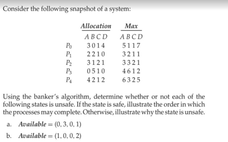 Consider the following snapshot of a system:
Allocation
Мах
АВСD
АВСD
Ро
3014
5117
P1
P2
P3
2210
3211
3121
3321
0510
4612
P4
4212
6325
Using the banker's algorithm, determine whether or not each of the
following states is unsafe. If the state is safe, illustrate the order in which
the processes may complete. Otherwise, illustrate why the state is unsafe.
a. Available = (0, 3, 0, 1)
b. Available = (1,0, 0, 2)
%3D
