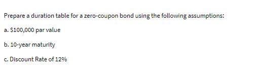 Prepare a duration table for a zero-coupon bond using the following assumptions:
a. $100,000 par value
b. 10-year maturity
c. Discount Rate of 12%
