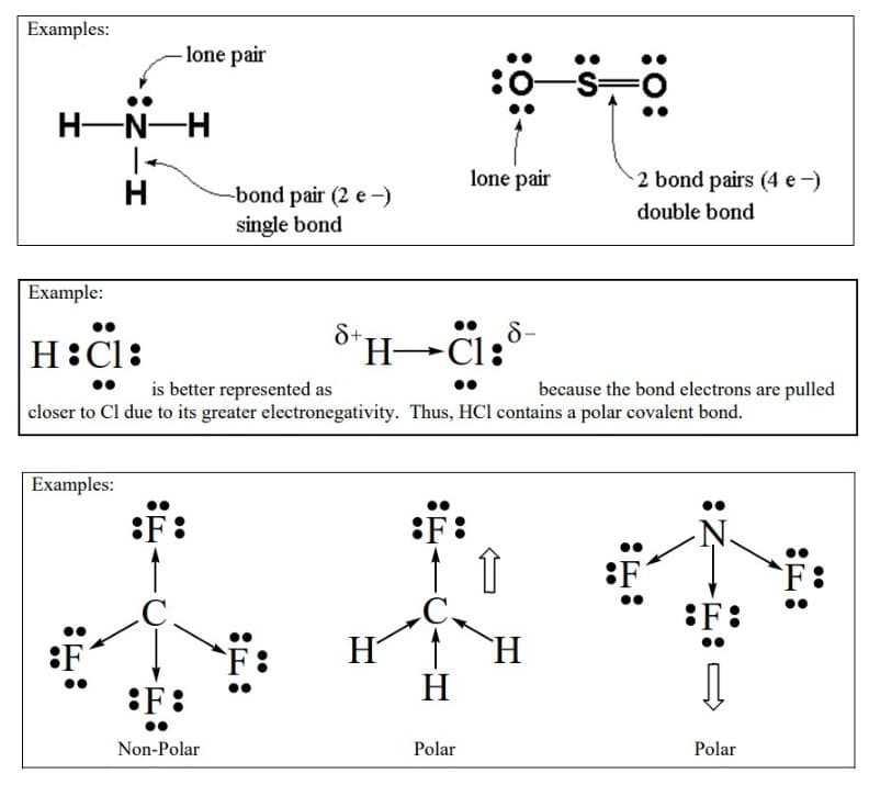 Examples:
H-Z:
Examples:
●●
H-N-
H— -H
lone pair
н
-bond pair (2 e-)
single bond
Example:
H:C1:
is better represented as
closer to Cl due to its greater electronegativity. Thus, HCl contains a polar covalent bond.
:F:
Non-Polar
::
8+ HCl:
H
:F:
lone pair
H
Polar
8-
2 bond pairs (4 e-)
double bond
`H
because the bond electrons are pulled
::
:F
:F
Polar
::
●●