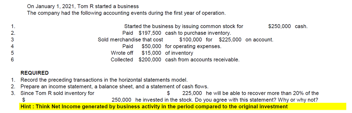 123456
1.
2.
On January 1, 2021, Tom R started a business
The company had the following accounting events during the first year of operation.
Started the business by issuing common stock for
Paid $197,500 cash to purchase inventory.
Sold merchandise that cost
Paid
Wrote off
Collected
$250,000 cash.
$100,000 for $225,000 on account.
$50,000 for operating expenses.
$15,000 of inventory
$200,000 cash from accounts receivable.
REQUIRED
1. Record the preceding transactions in the horizontal statements model.
2. Prepare an income statement, a balance sheet, and a statement of cash flows.
3. Since Tom R sold inventory for
$
Hint: Think Net Income generated by business activity in the period compared to the original investment
$
225,000 he will be able to recover more than 20% of the
250,000 he invested in the stock. Do you agree with this statement? Why or why not?