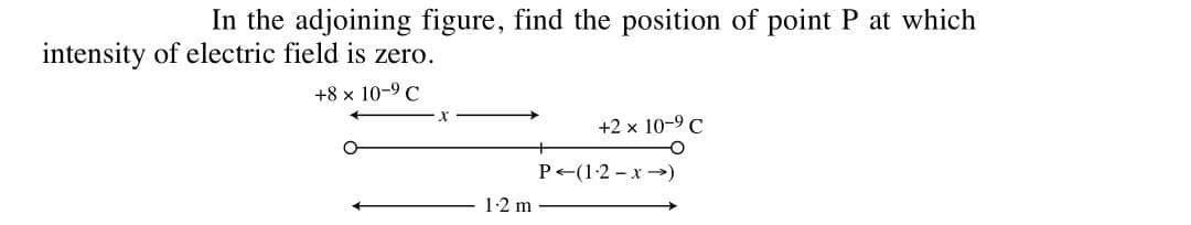 In the adjoining figure, find the position of point P at which
intensity of electric field is zero.
+8 x 10-9 C
+2 x 10-9 C
P-(1.2 - x -→)
1.2 m
