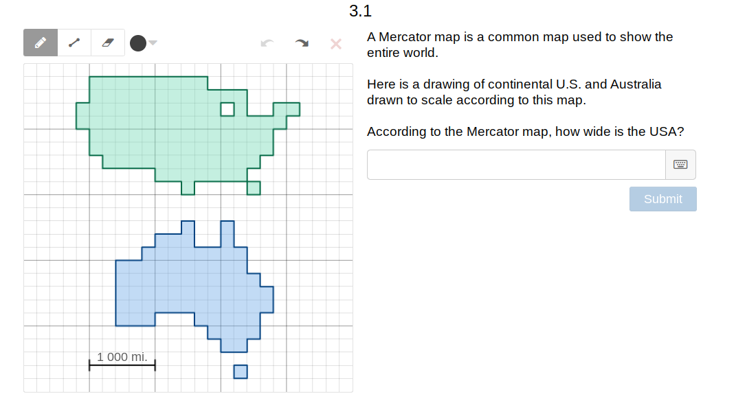 3.1
A Mercator map is a common map used to show the
entire world.
Here is a drawing of continental U.S. and Australia
drawn to scale according to this map.
According to the Mercator map, how wide is the USA?
Submit
1 000 mi.
